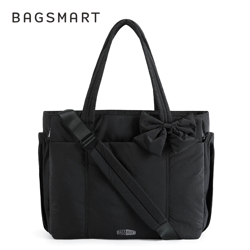 BAGSMART Padded Tote Bag With Bow Casual Quilted Padded Women Shoulder Bags Fit 15.6in Laptop Large Capacity Yoga Gym Bags