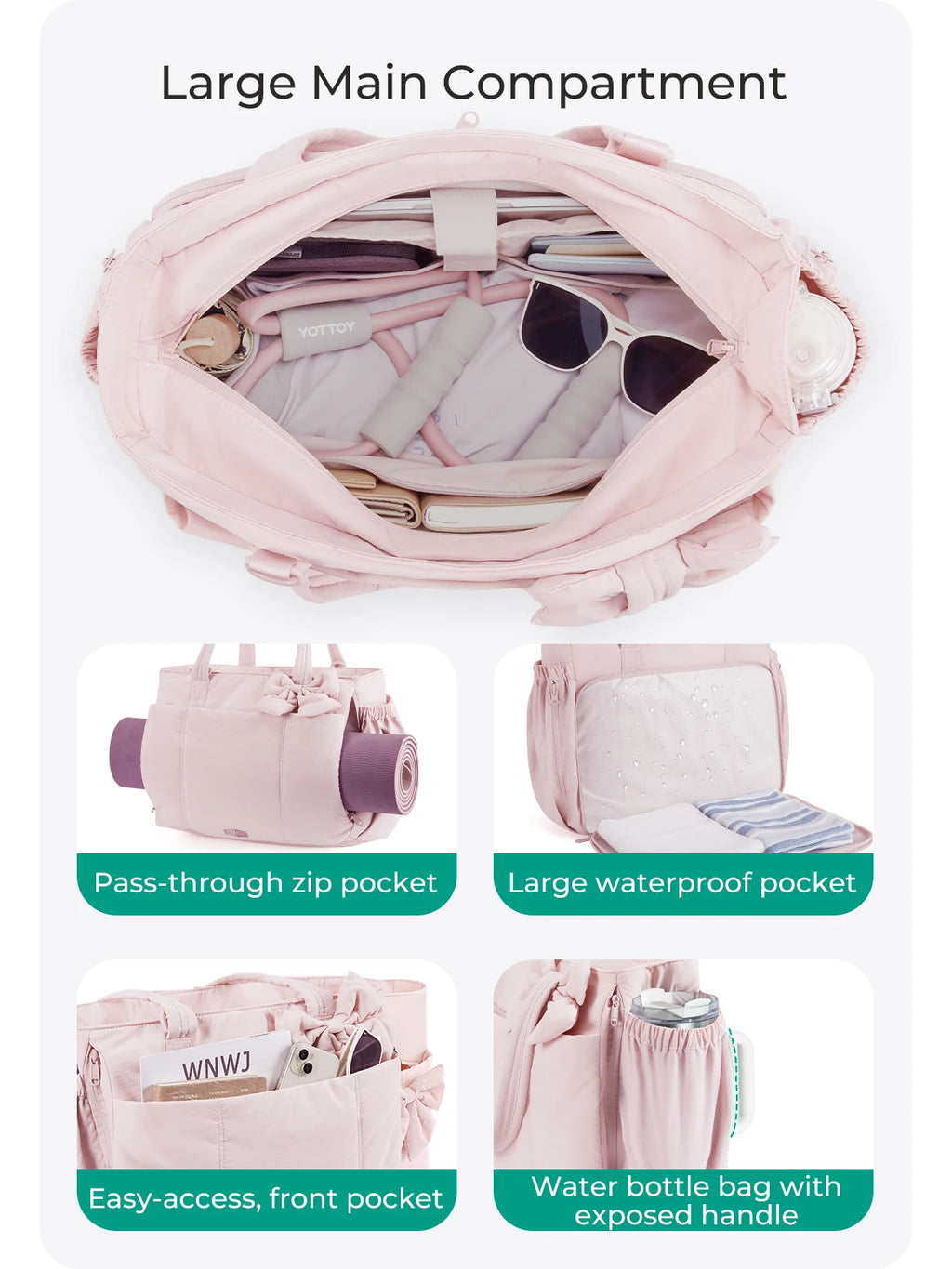 BAGSMART Padded Tote Bag With Bow Casual Quilted Padded Women Shoulder Bags Fit 15.6in Laptop Large Capacity Yoga Gym Bags