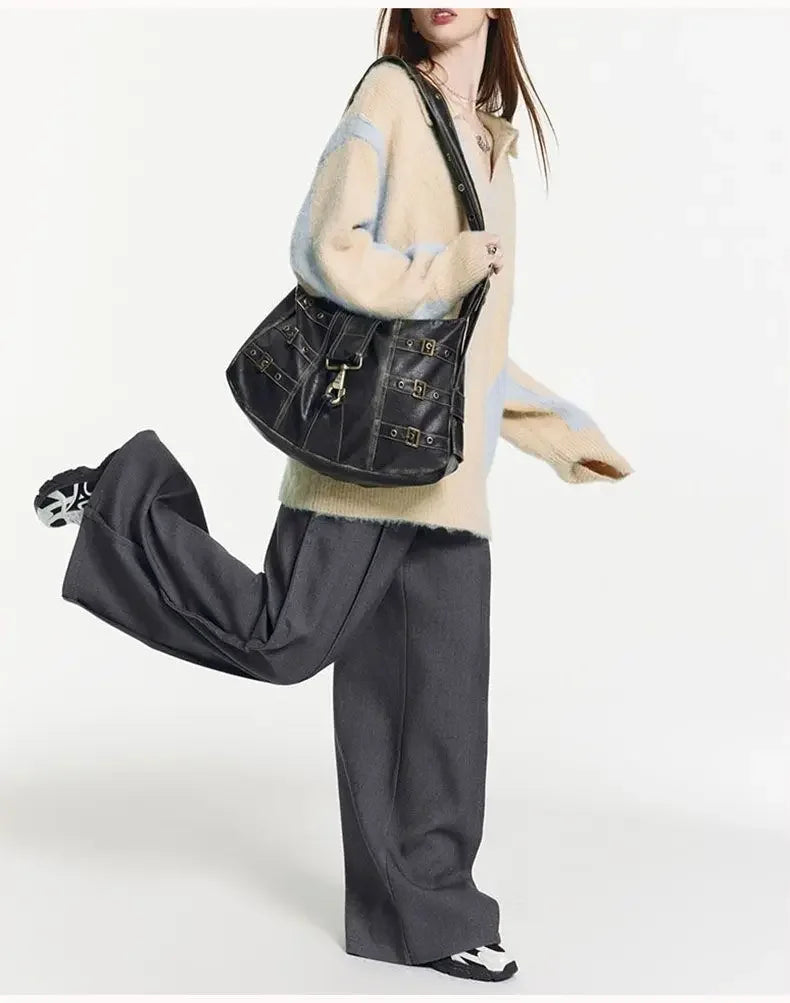 American Retro Punk Pu Leather Handbag Metal Button Shoulder Bags Tote Woman Bag Large Capacity Commuting Storage Bag Purse