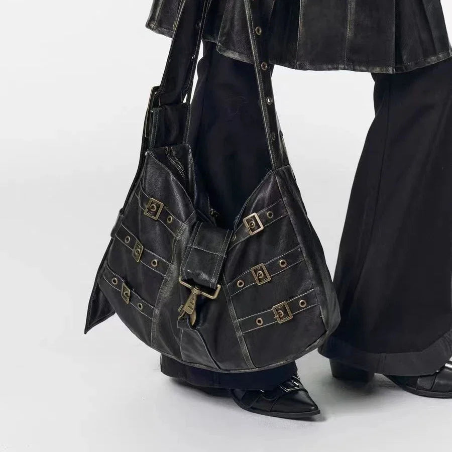 American Retro Punk Pu Leather Handbag Metal Button Shoulder Bags Tote Woman Bag Large Capacity Commuting Storage Bag Purse