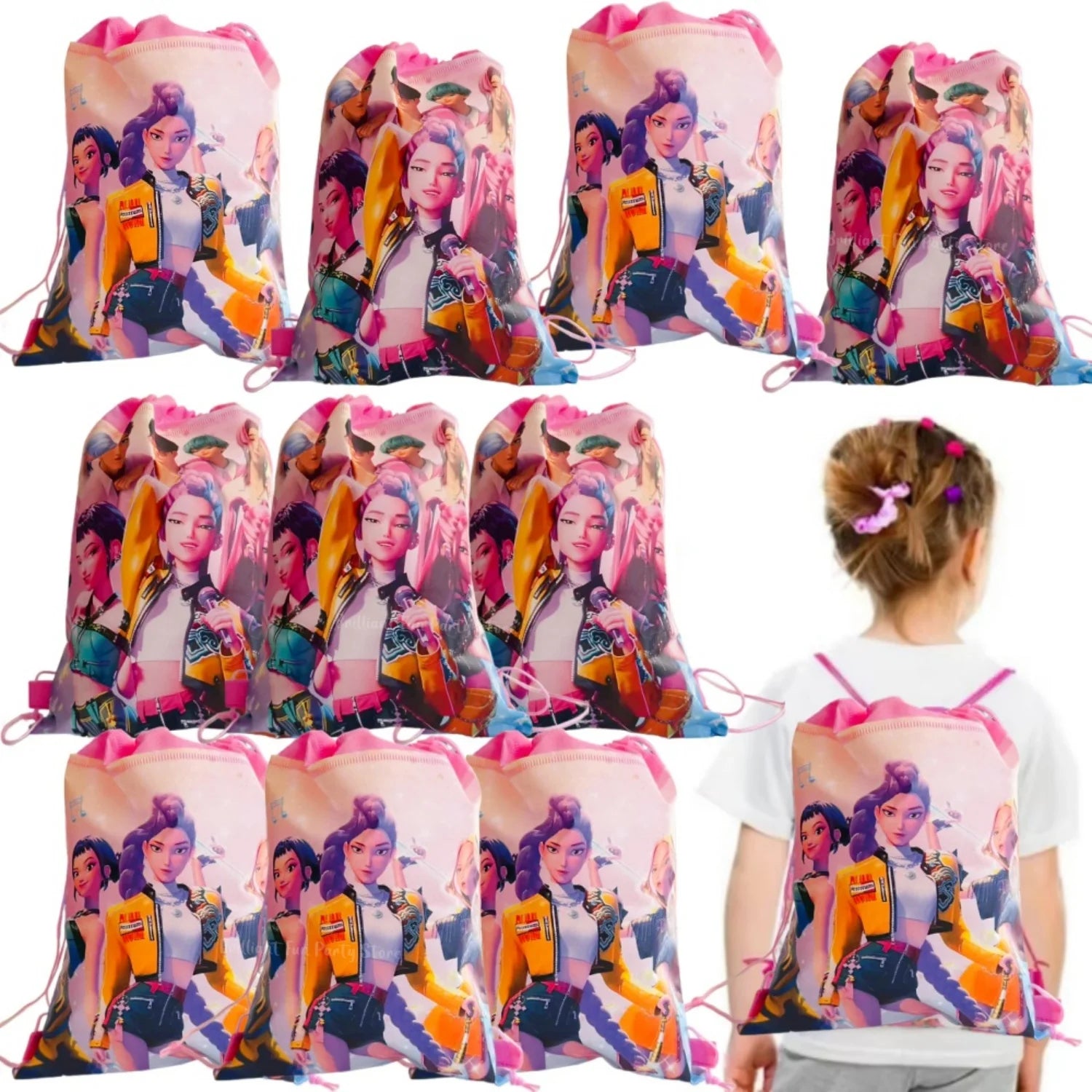 Demon Hunters Drawstring Pocket Bag Pink KPop Anime Portable Storage Backpack For Baby Shower Kids Girls Birthday Party Gifts