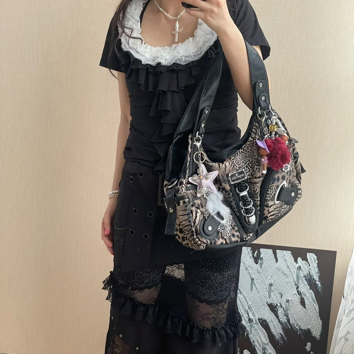 Angel Kiss Vintage Y2K Millennium Trendy Leopard Tie Dye Tote Bag Crossbody Bag Briti Sle Youth Daily Use Waterproof