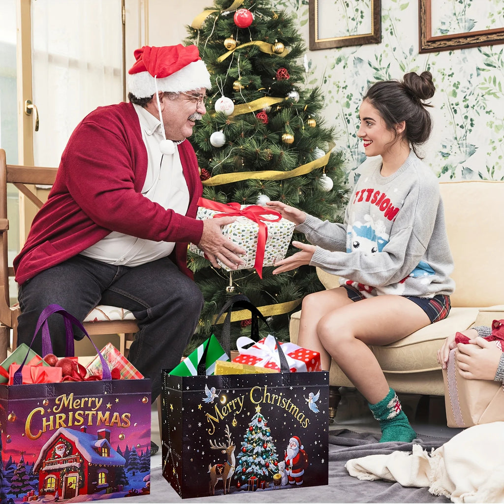 16pcs Large Christmas Gift Bags with Handles Reusable Santa, Snowman,Christmas Tree Designs - for Holiday Shopping, Xmas Parties