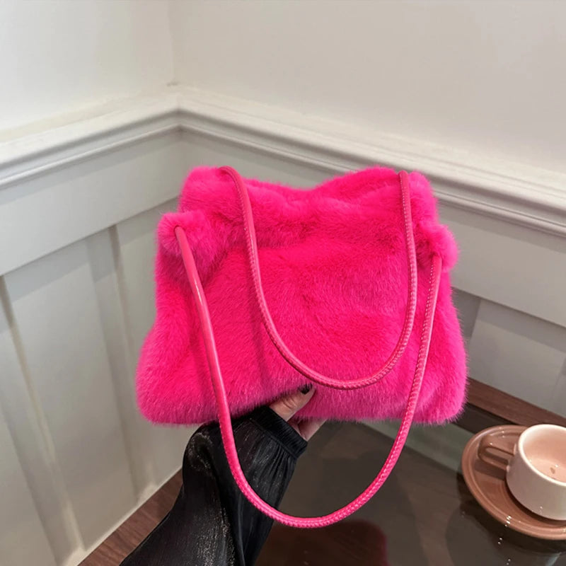 Female Autumn Winter Plush Handbag Versatile Solid Color Chain Crossbody Shopping Bag Women New Design Chain Messenger Bags