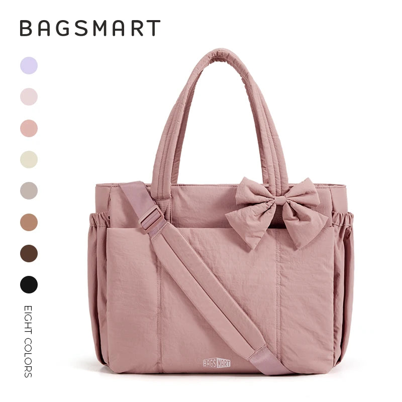 BAGSMART Padded Tote Bag With Bow Casual Quilted Padded Women Shoulder Bags Fit 15.6in Laptop Large Capacity Yoga Gym Bags