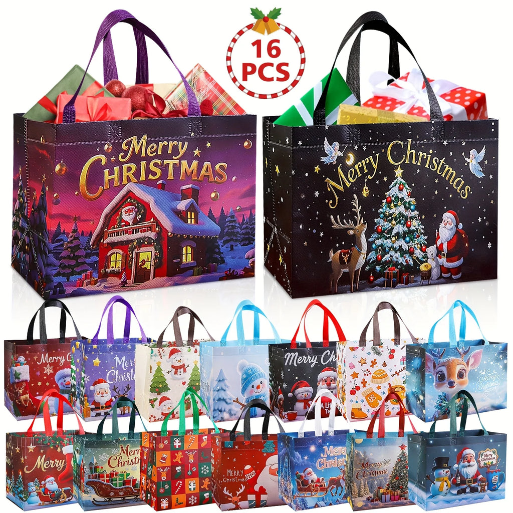 16pcs Large Christmas Gift Bags with Handles Reusable Santa, Snowman,Christmas Tree Designs - for Holiday Shopping, Xmas Parties