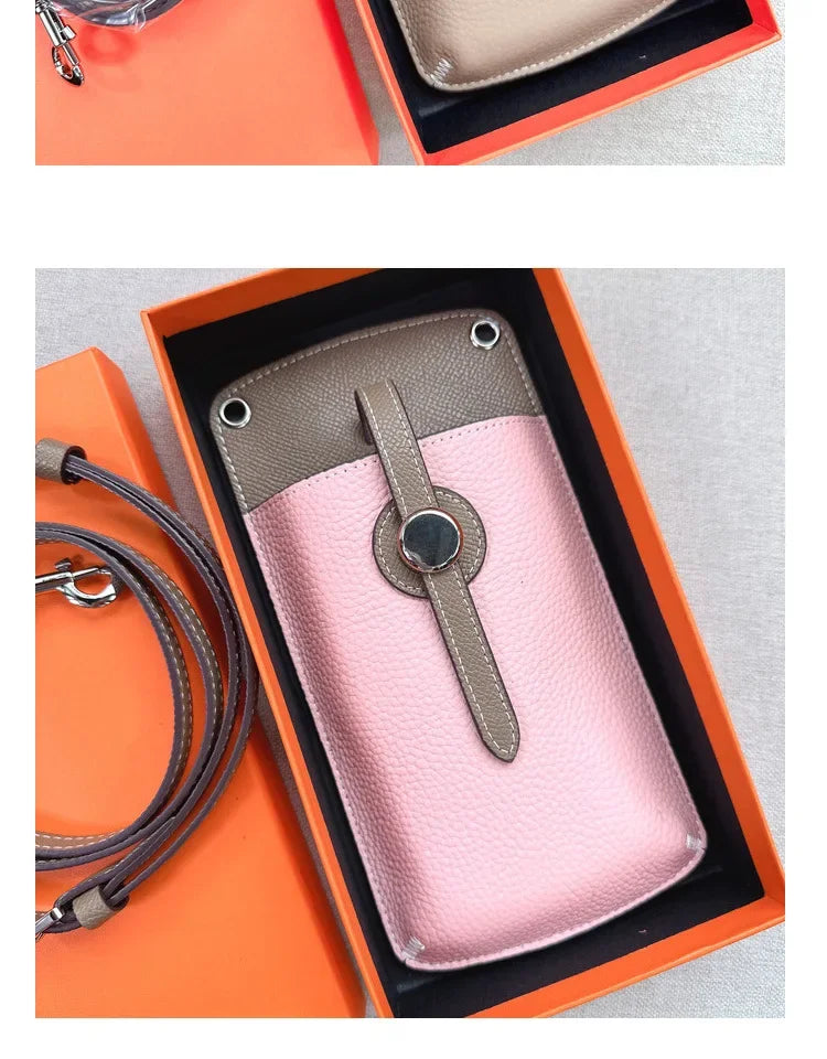 2023 New High-End Genuine Leather Drawstring Mini Crossbody Bag Fashionable Color Blocking Vertical Single Shoulder Bag Trendy