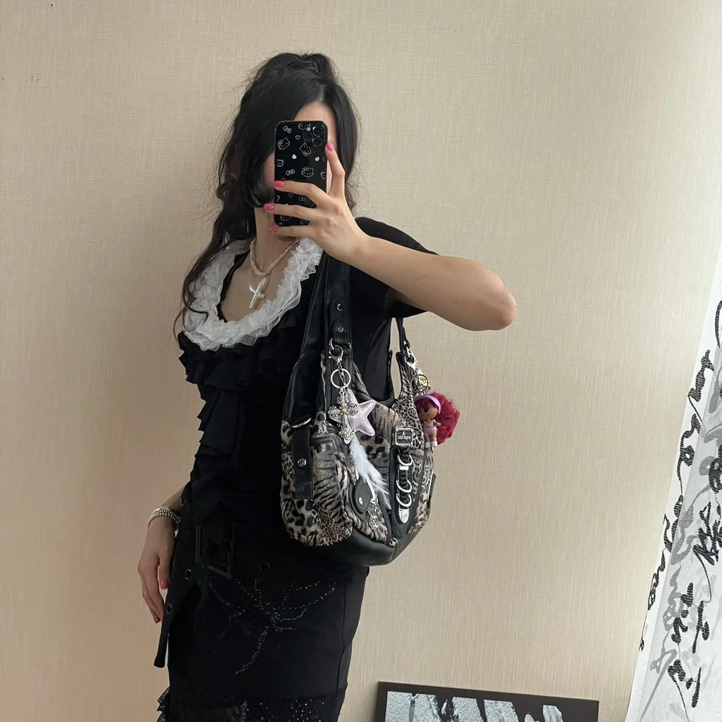 Angel Kiss Vintage Y2K Millennium Trendy Leopard Tie Dye Tote Bag Crossbody Bag Briti Sle Youth Daily Use Waterproof