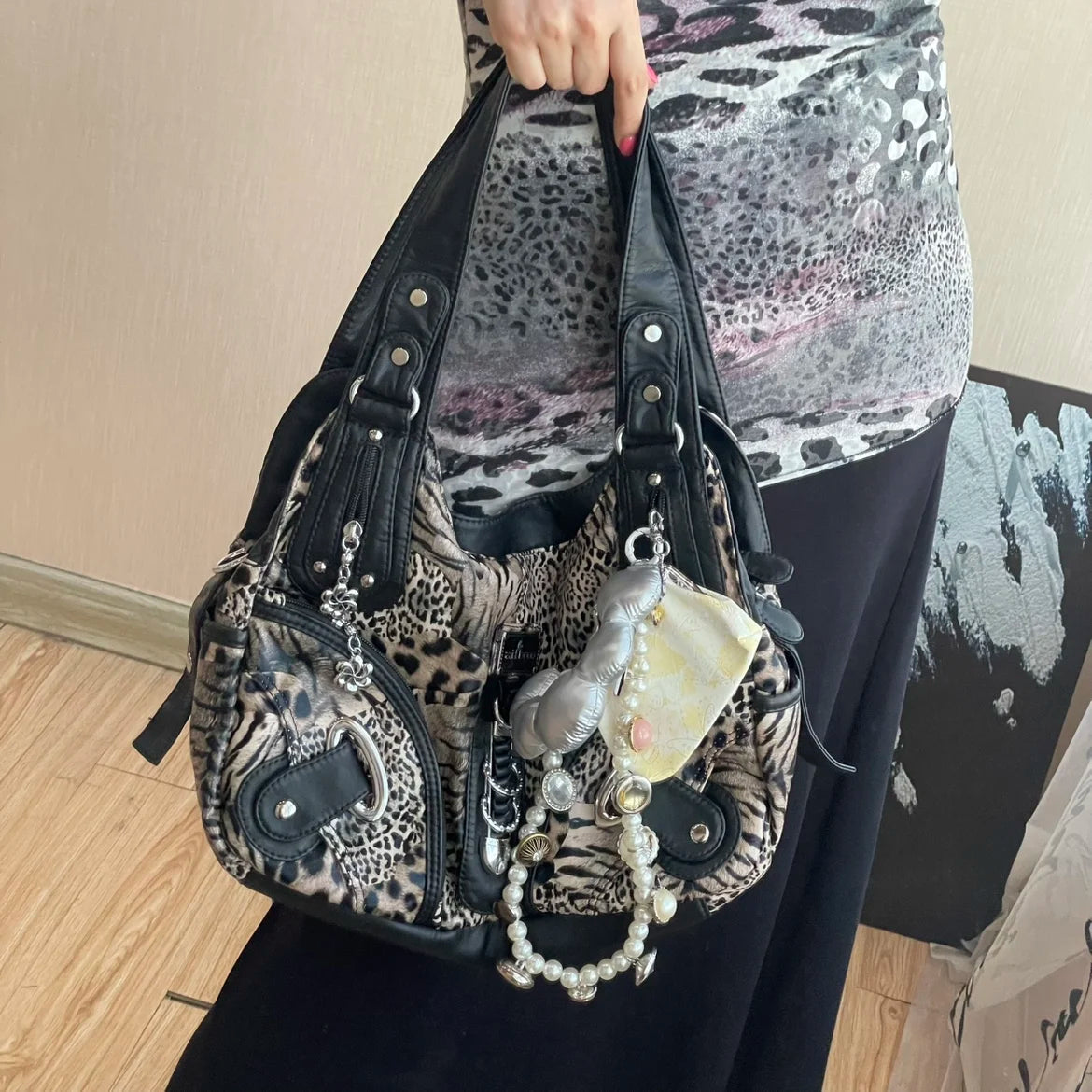 Angel Kiss Vintage Y2K Millennium Trendy Leopard Tie Dye Tote Bag Crossbody Bag Briti Sle Youth Daily Use Waterproof