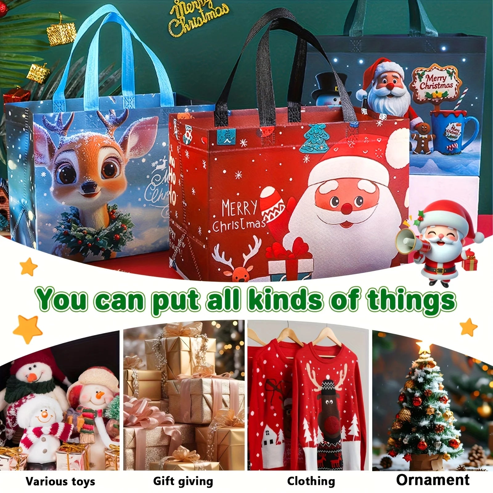 16pcs Large Christmas Gift Bags with Handles Reusable Santa, Snowman,Christmas Tree Designs - for Holiday Shopping, Xmas Parties