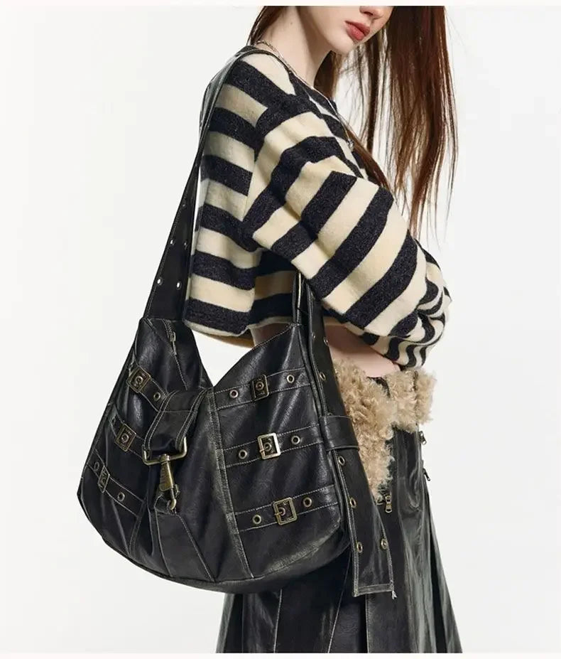 American Retro Punk Pu Leather Handbag Metal Button Shoulder Bags Tote Woman Bag Large Capacity Commuting Storage Bag Purse