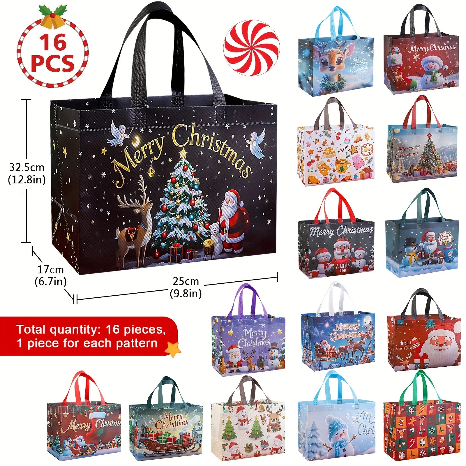 16pcs Large Christmas Gift Bags with Handles Reusable Santa, Snowman,Christmas Tree Designs - for Holiday Shopping, Xmas Parties