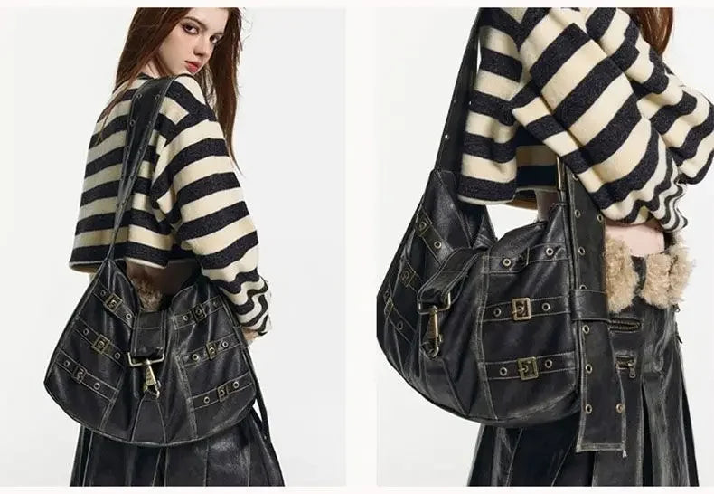 American Retro Punk Pu Leather Handbag Metal Button Shoulder Bags Tote Woman Bag Large Capacity Commuting Storage Bag Purse