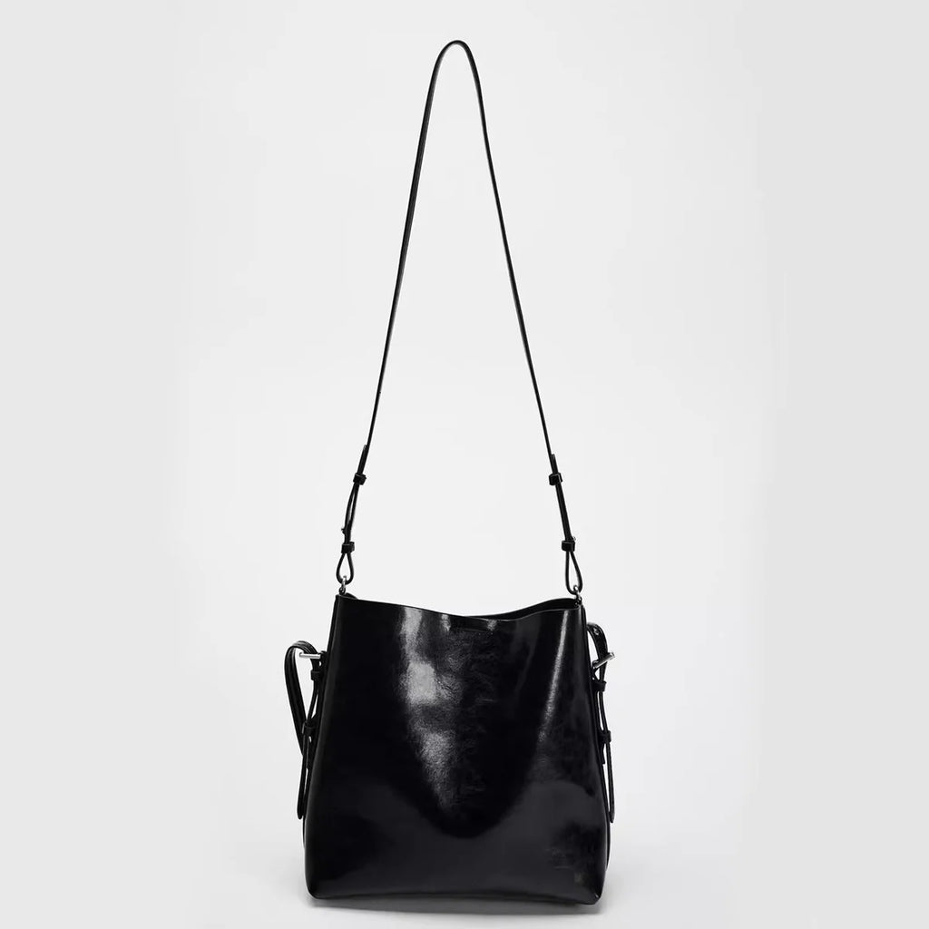 2025 New Fashionable and Simple Women's Bag Black Double Strap Single Shoulder Atmospheric Handheld Crossbody Bucket Bag