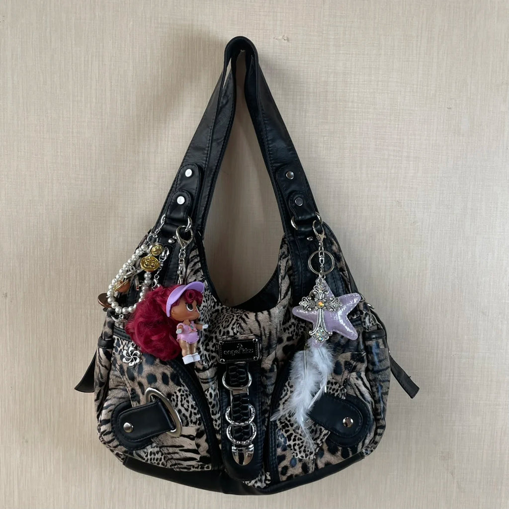 Angel Kiss Vintage Y2K Millennium Trendy Leopard Tie Dye Tote Bag Crossbody Bag Briti Sle Youth Daily Use Waterproof