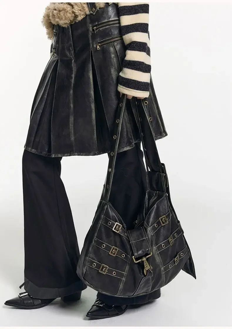 American Retro Punk Pu Leather Handbag Metal Button Shoulder Bags Tote Woman Bag Large Capacity Commuting Storage Bag Purse