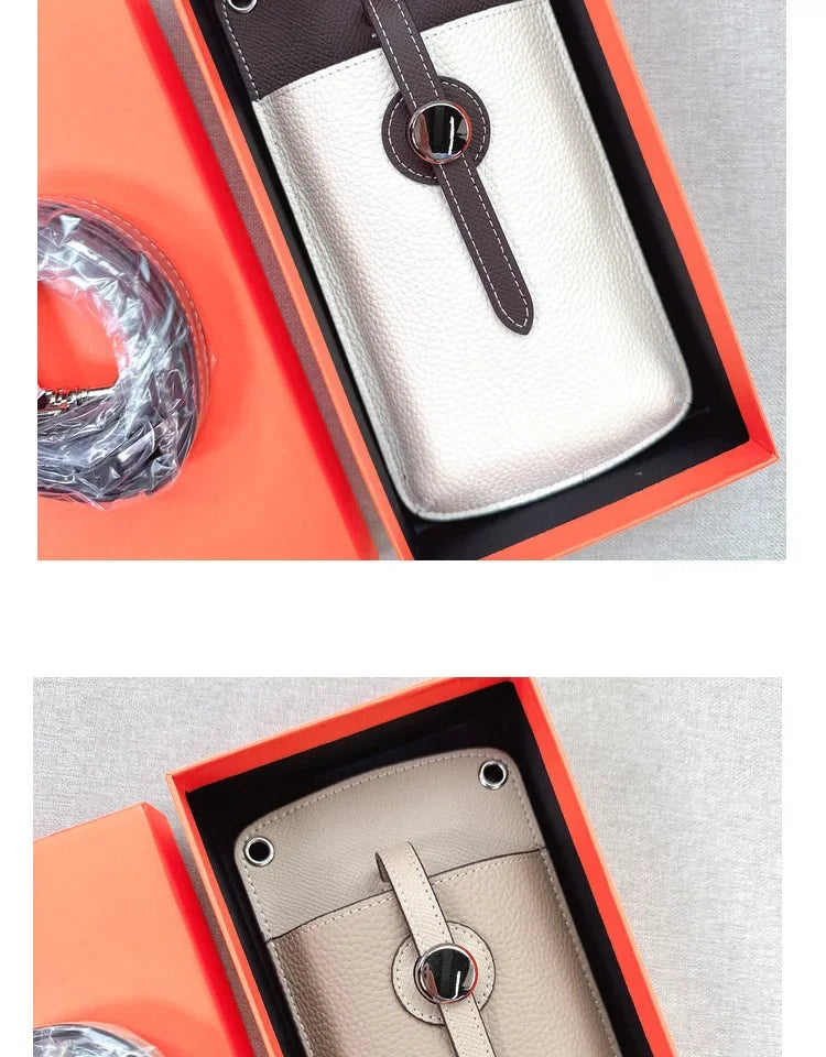 2023 New High-End Genuine Leather Drawstring Mini Crossbody Bag Fashionable Color Blocking Vertical Single Shoulder Bag Trendy