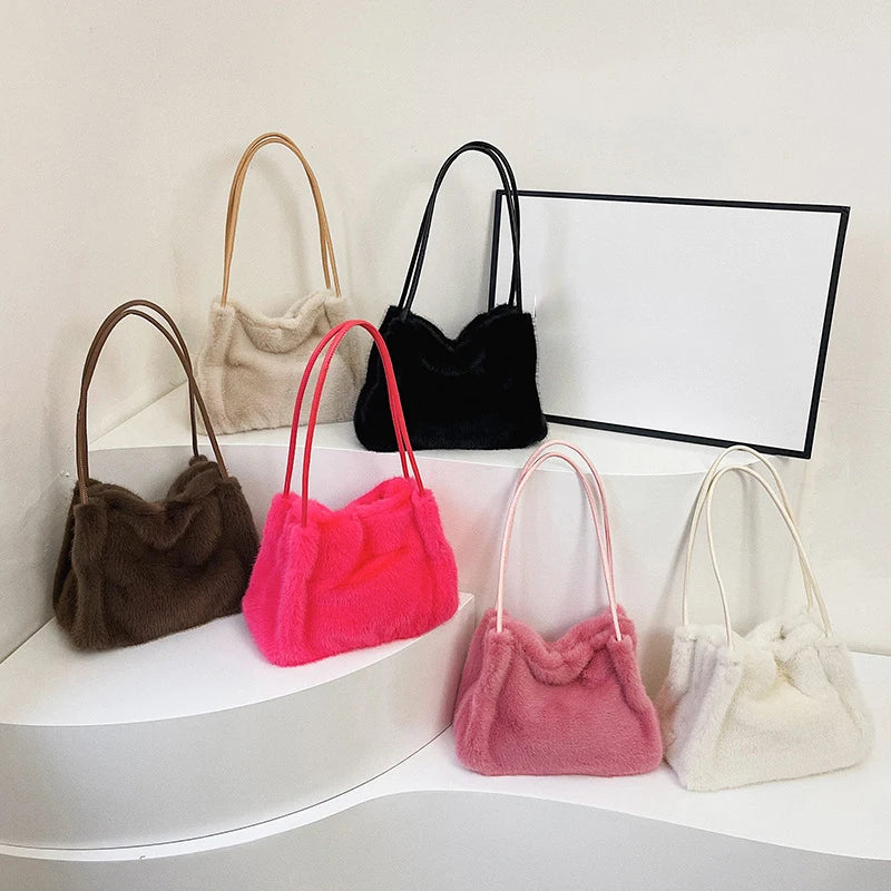 Female Autumn Winter Plush Handbag Versatile Solid Color Chain Crossbody Shopping Bag Women New Design Chain Messenger Bags