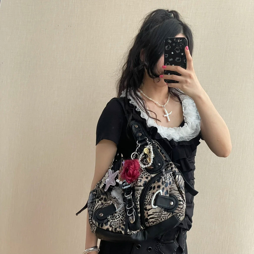Angel Kiss Vintage Y2K Millennium Trendy Leopard Tie Dye Tote Bag Crossbody Bag Briti Sle Youth Daily Use Waterproof