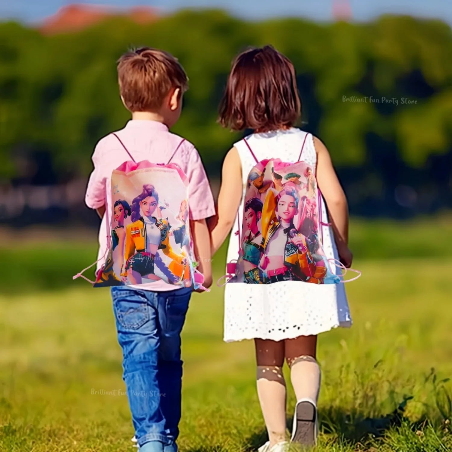 Demon Hunters Drawstring Pocket Bag Pink KPop Anime Portable Storage Backpack For Baby Shower Kids Girls Birthday Party Gifts