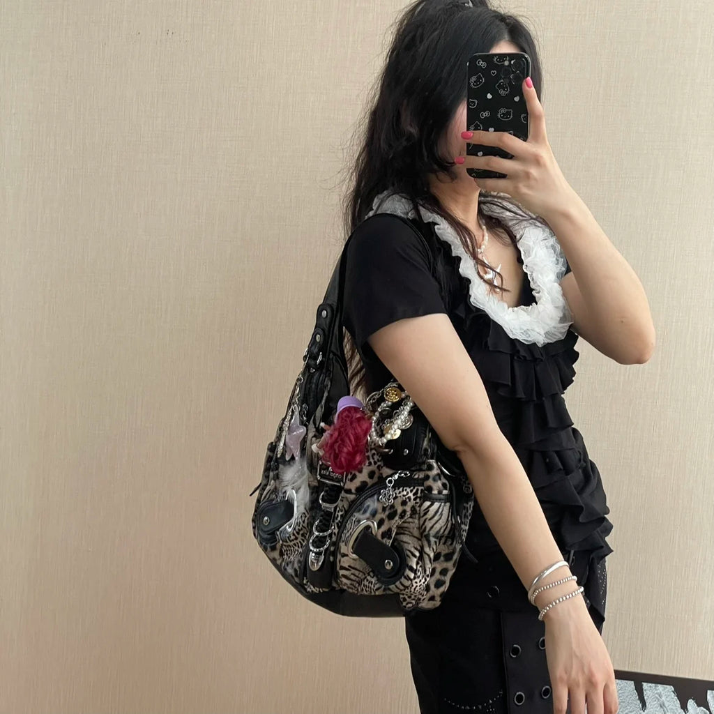 Angel Kiss Vintage Y2K Millennium Trendy Leopard Tie Dye Tote Bag Crossbody Bag Briti Sle Youth Daily Use Waterproof