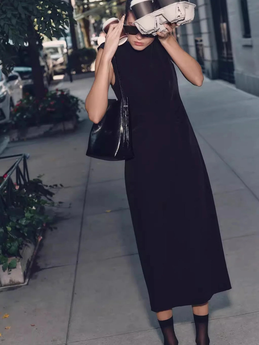 2025 New Fashionable and Simple Women's Bag Black Double Strap Single Shoulder Atmospheric Handheld Crossbody Bucket Bag