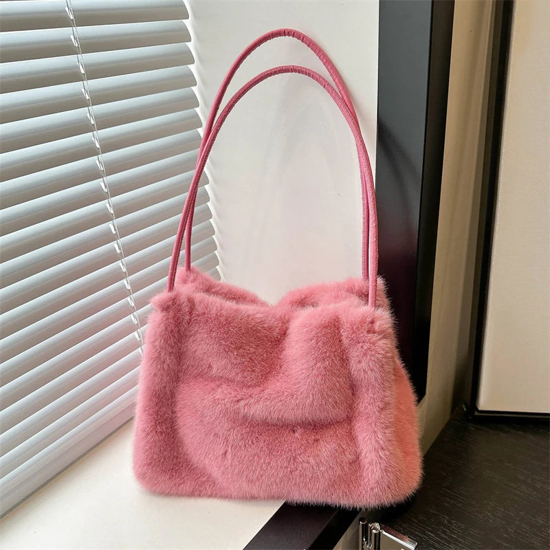 Female Autumn Winter Plush Handbag Versatile Solid Color Chain Crossbody Shopping Bag Women New Design Chain Messenger Bags