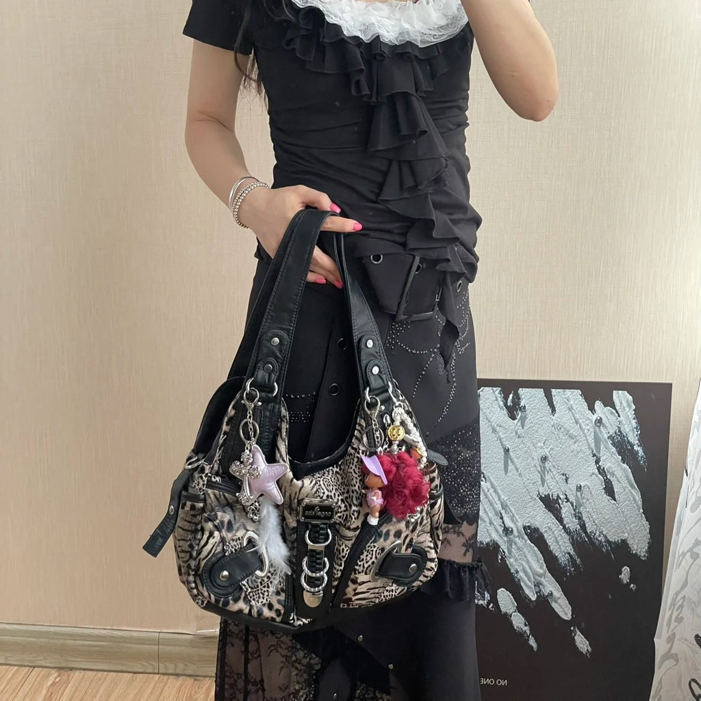 Angel Kiss Vintage Y2K Millennium Trendy Leopard Tie Dye Tote Bag Crossbody Bag Briti Sle Youth Daily Use Waterproof