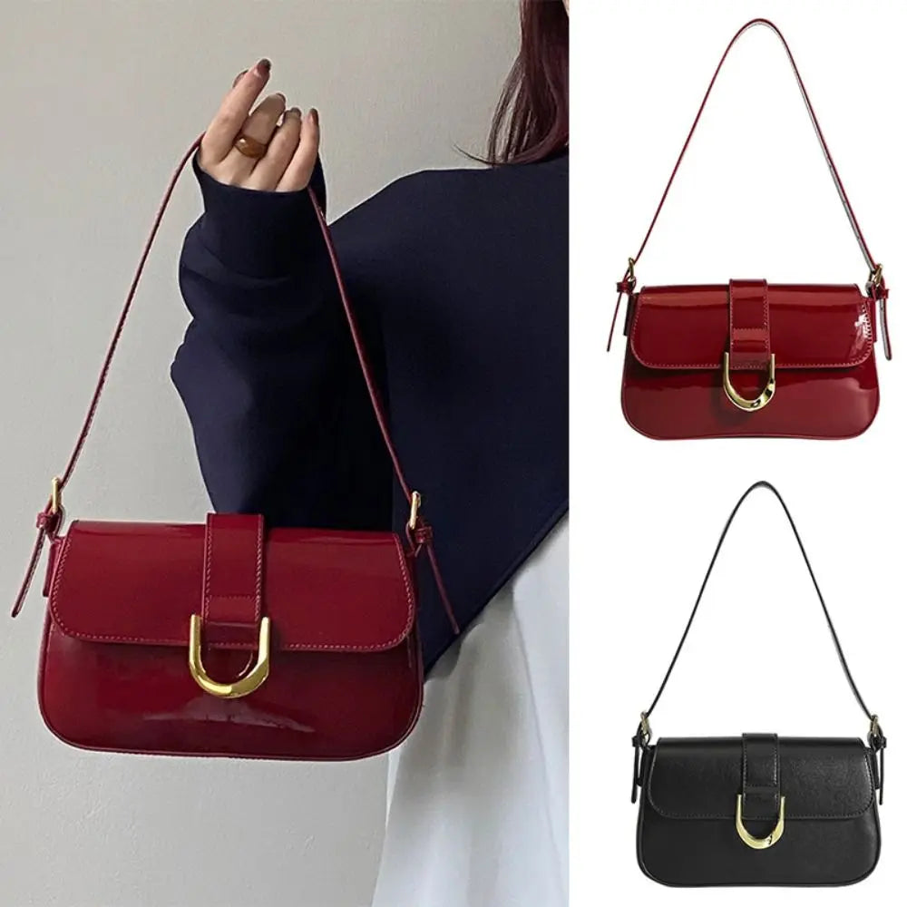 Classic PU Leather Horseshoe Buckle Casual Crossbody Bag Soild Color Small Shoulder Bag with Zipper Closure Women Clutch Purse