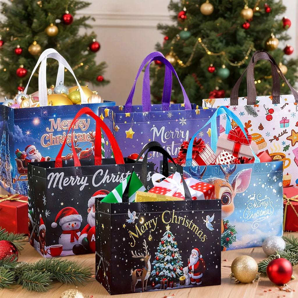 16pcs Large Christmas Gift Bags with Handles Reusable Santa, Snowman,Christmas Tree Designs - for Holiday Shopping, Xmas Parties