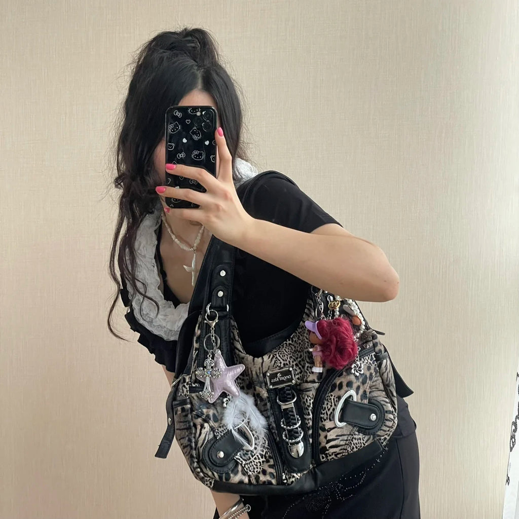 Angel Kiss Vintage Y2K Millennium Trendy Leopard Tie Dye Tote Bag Crossbody Bag Briti Sle Youth Daily Use Waterproof