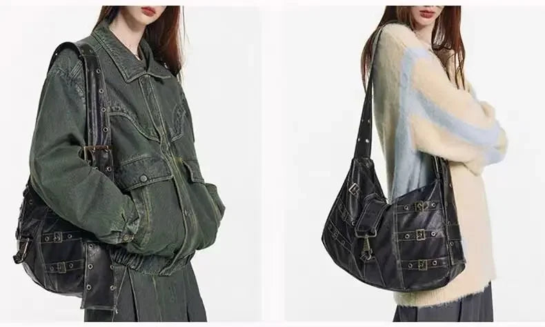 American Retro Punk Pu Leather Handbag Metal Button Shoulder Bags Tote Woman Bag Large Capacity Commuting Storage Bag Purse